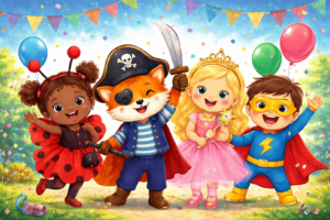 Enfants déguisés pour le carnaval scolaire en costumes colorés