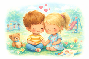 Illustration douce de deux jeunes enfants assis dans l’herbe, se tenant la main avec des cœurs, symbolisant le premier amour chez les tout-petits.