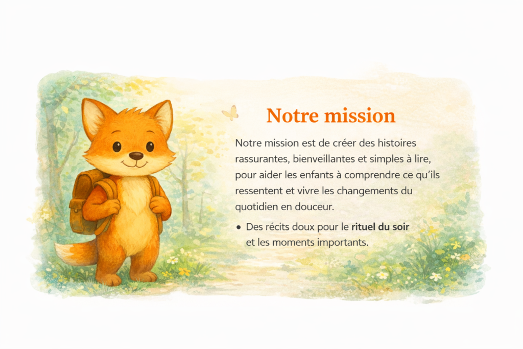 Renard Oscar le petit renard avec sac à dos dans une forêt, illustration douce pour enfants — mission des Éditions Douce Plume