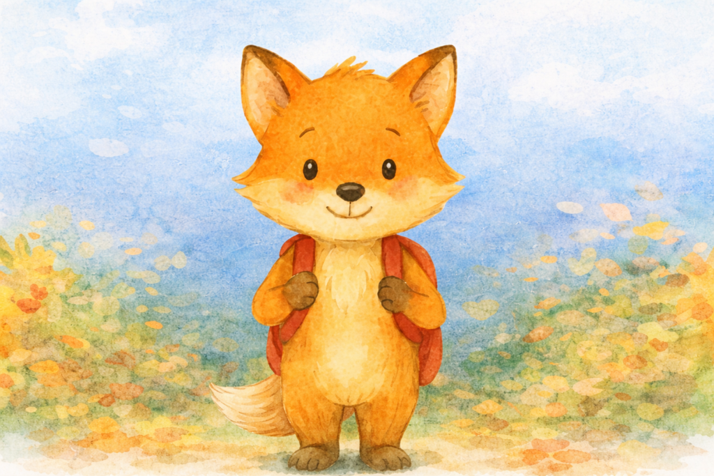 Oscar le petit renard avec un sac à dos dans un paysage doux, illustration pour album jeunesse dès 3 ans