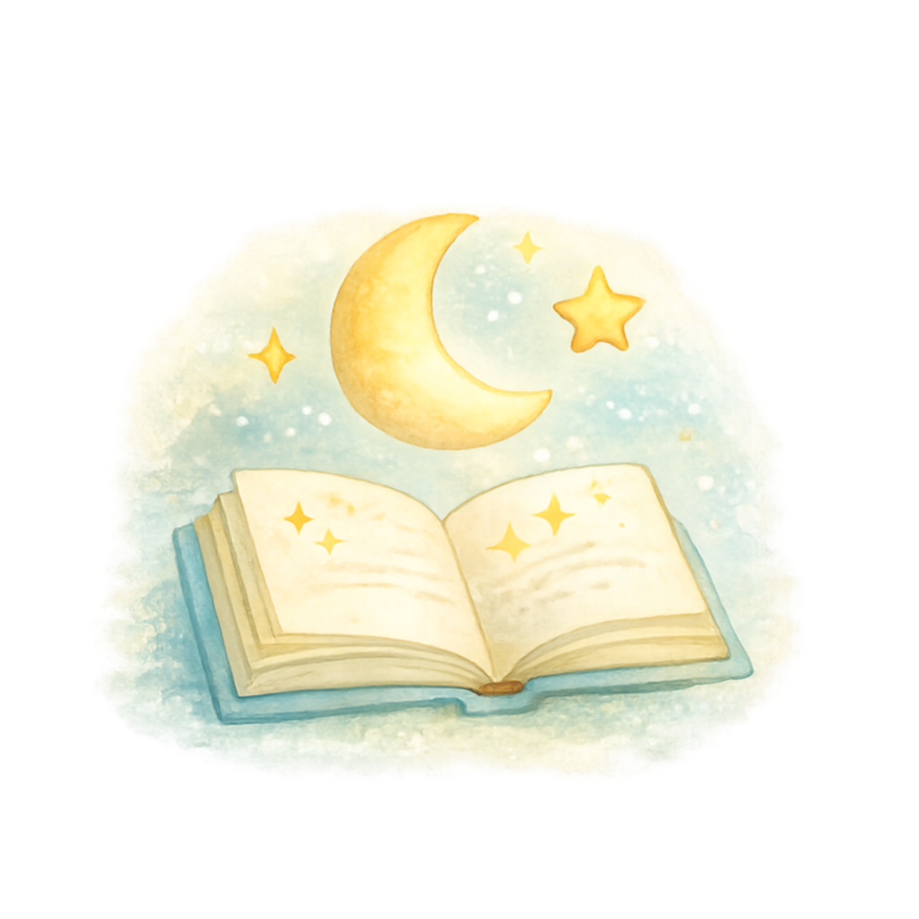 Livre ouvert sous la lune et les étoiles, symbole d’histoires apaisantes pour enfants