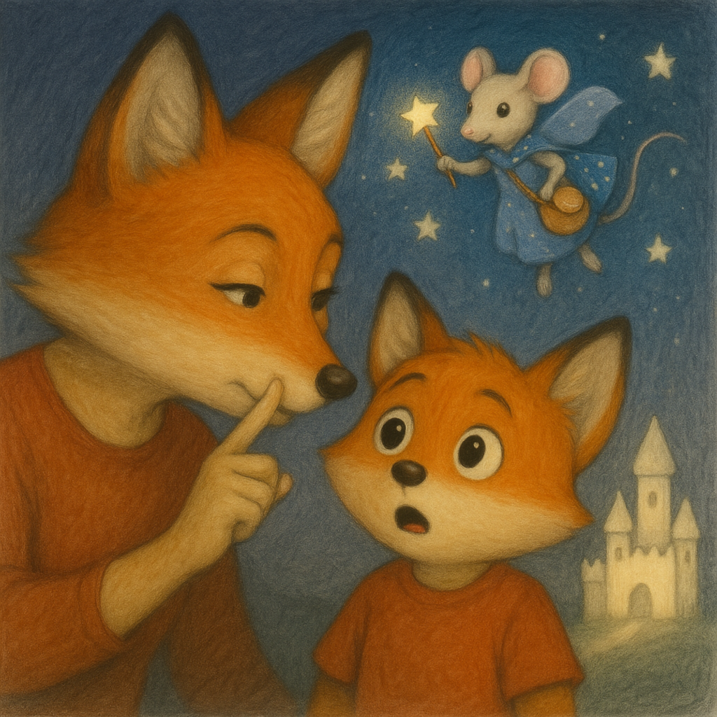 Renard adulte faisant signe de silence à un petit renard surpris, sous un ciel étoilé avec une souris ailée tenant une baguette magique et un château au loin.