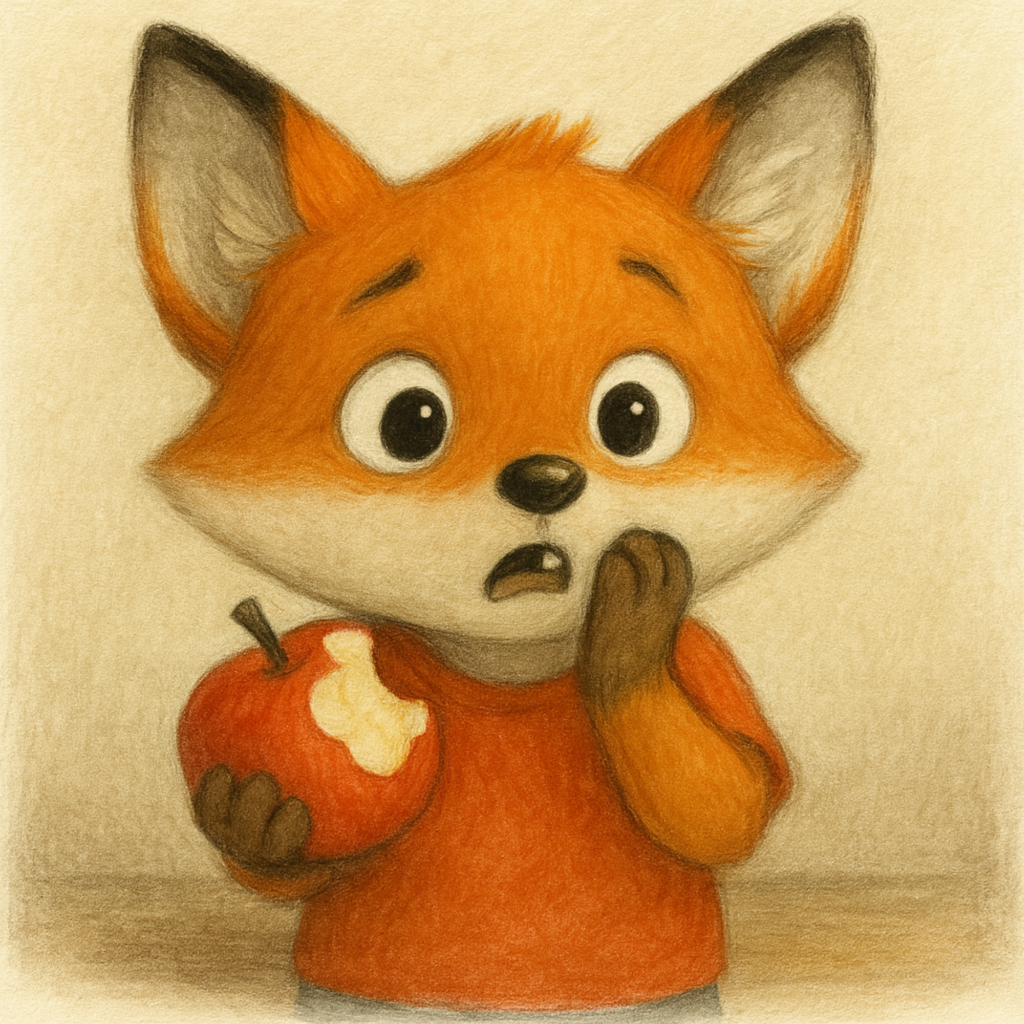 Petit renard cartoon portant un t-shirt rouge, l’air surpris, tenant une pomme croquée dans une main et posant l’autre sur sa joue.