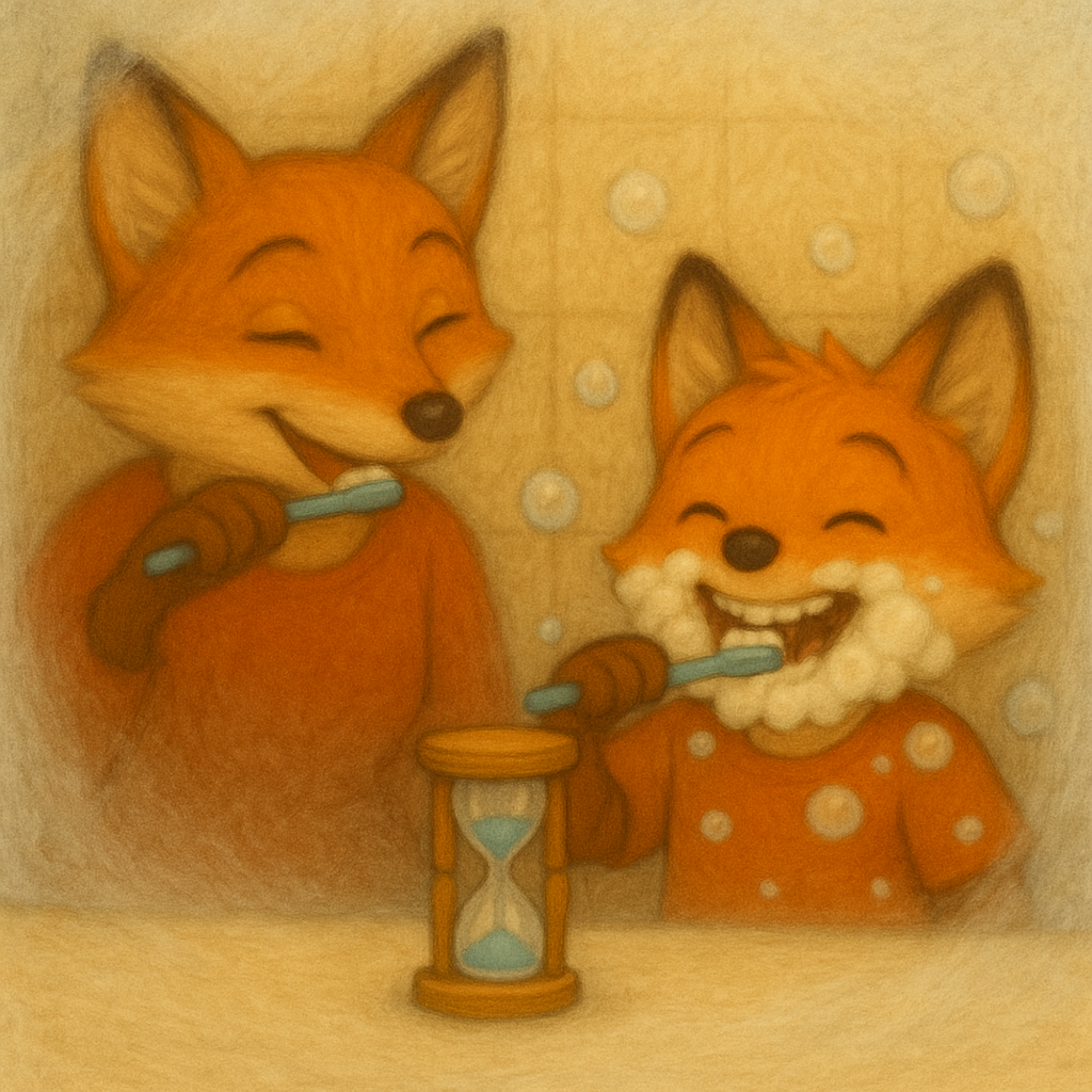 Renard parent et enfant se brossant les dents avec un sablier, illustration éducative sur le brossage des dents pour enfants.