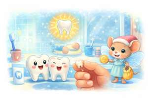 Enfant tenant une dent de lait tombée avec une souris des dents dans une salle de bain, illustration sur l’hygiène dentaire des enfants