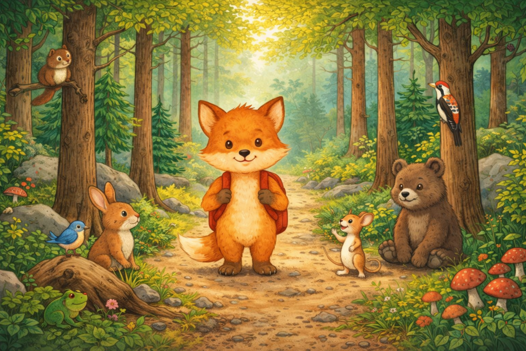 Illustration d’Oscar le petit renard entouré d’animaux en forêt — albums illustrés pour enfants dès 3 ans