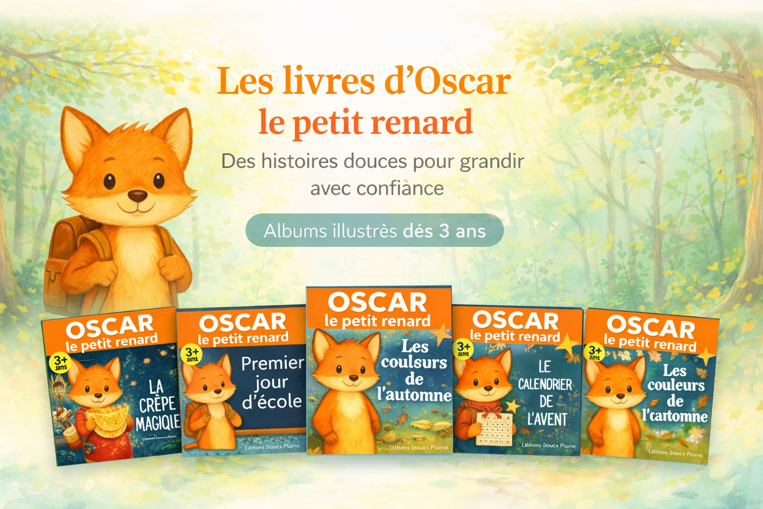 Bannière présentant les livres d’Oscar le petit renard, albums illustrés pour enfants dès 3 ans sur les émotions, l’école et les moments importants de l’enfance.