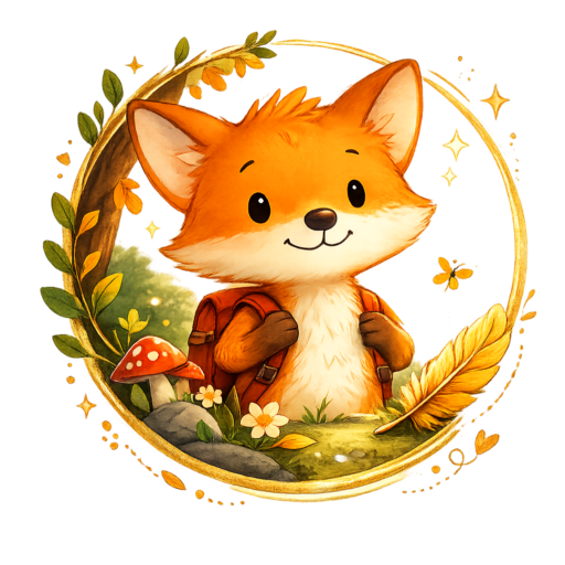 Illustration d’Oscar le petit renard avec un sac à dos, personnage principal d’albums illustrés pour enfants